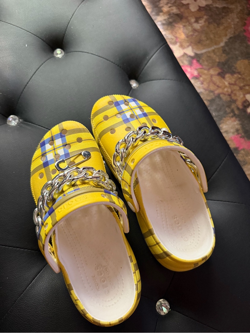 Ladies Yellow Plaid Slip-On Limited Edition Crocs with Chain Accent - Picture 2 of 3